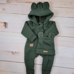 KAZUM Kombinezon z ocieplanej dresówki bez stóp + czapka khaki 56-86