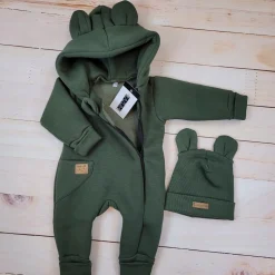KAZUM Kombinezon z ocieplanej dresówki bez stóp + czapka khaki 56-86
