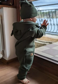 KAZUM Kombinezon z ocieplanej dresówki bez stóp + czapka khaki 56-86