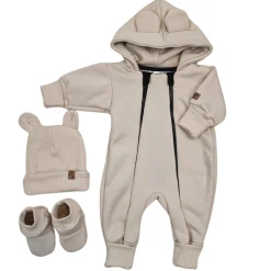 KAZUM Kombinezon z ocieplanej dresówki bez stóp + czapka + buciki 56-86 alabaster beige
