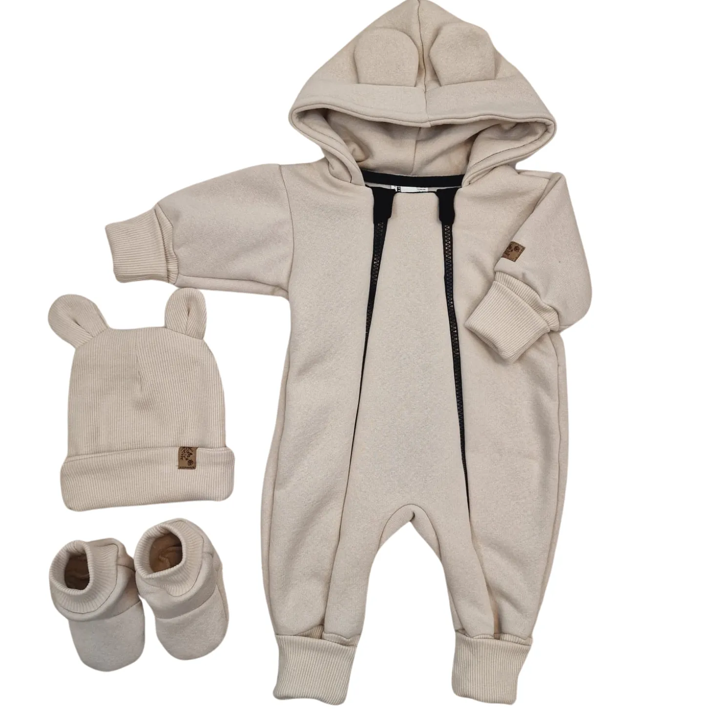 KAZUM Kombinezon z ocieplanej dresówki bez stóp + czapka + buciki 56-86 alabaster beige
