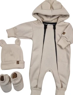 KAZUM Kombinezon z ocieplanej dresówki bez stóp + czapka + buciki 56-86 alabaster beige