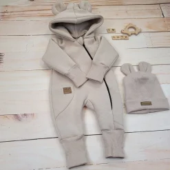 KAZUM Kombinezon z ocieplanej dresówki bez stóp + czapka beige latte 56-86