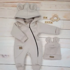 KAZUM Kombinezon z ocieplanej dresówki bez stóp + czapka beige latte 56-86