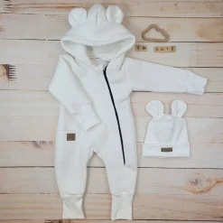 KAZUM Kombinezon z ocieplanej dresówki bez stóp + czapka ivory 56-86