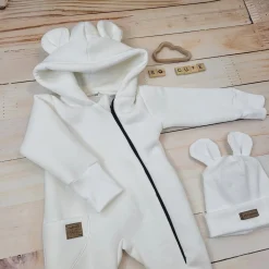 KAZUM Kombinezon z ocieplanej dresówki bez stóp + czapka ivory 56-86