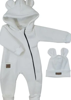 KAZUM Kombinezon z ocieplanej dresówki bez stóp + czapka ivory 56-86