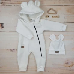 KAZUM Kombinezon z ocieplanej dresówki bez stóp + czapka ivory 56-86