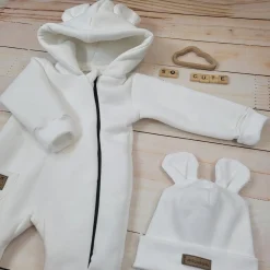 KAZUM Kombinezon z ocieplanej dresówki bez stóp + czapka ivory 56-86