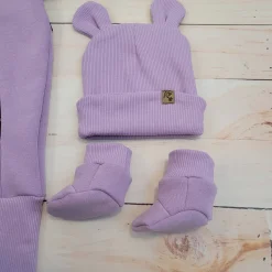 KAZUM Kombinezon z ocieplanej dresówki bez stóp + czapka + buciki 56-86 sweet lila