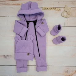 KAZUM Kombinezon z ocieplanej dresówki bez stóp + czapka + buciki 56-86 sweet lila