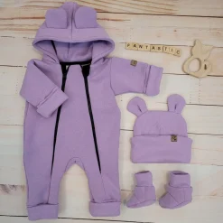 KAZUM Kombinezon z ocieplanej dresówki bez stóp + czapka + buciki 56-86 sweet lila