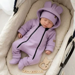 KAZUM Kombinezon z ocieplanej dresówki bez stóp + czapka + buciki 56-86 sweet lila