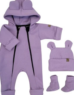 KAZUM Kombinezon z ocieplanej dresówki bez stóp + czapka + buciki 56-86 sweet lila