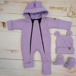 KAZUM Kombinezon z ocieplanej dresówki bez stóp + czapka + buciki 56-86 sweet lila
