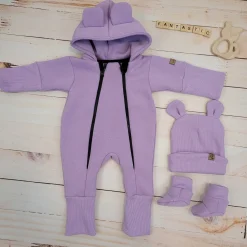 KAZUM Kombinezon z ocieplanej dresówki bez stóp + czapka + buciki 56-86 sweet lila