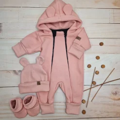 KAZUM Kombinezon z ocieplanej dresówki bez stóp + czapka + buciki coral pink 56-86