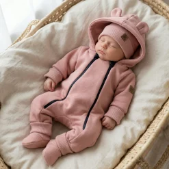 KAZUM Kombinezon z ocieplanej dresówki bez stóp + czapka + buciki coral pink 56-86