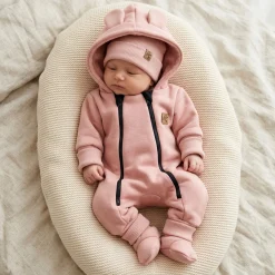 KAZUM Kombinezon z ocieplanej dresówki bez stóp + czapka + buciki coral pink 56-86
