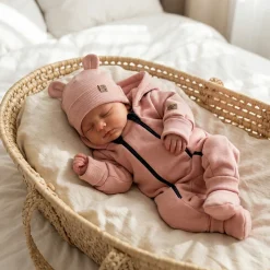 KAZUM Kombinezon z ocieplanej dresówki bez stóp + czapka + buciki coral pink 56-86