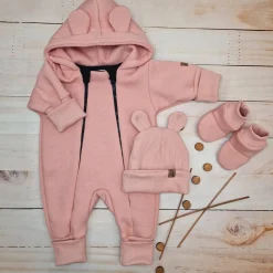 KAZUM Kombinezon z ocieplanej dresówki bez stóp + czapka + buciki coral pink 56-86
