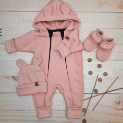 KAZUM Kombinezon z ocieplanej dresówki bez stóp + czapka + buciki coral pink 56-86