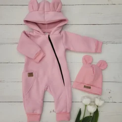 KAZUM Kombinezon z ocieplanej dresówki bez stóp + czapka blush 56-86