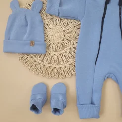 KAZUM Kombinezon z ocieplanej dresówki bez stóp + czapka + buciki 56-86 baby blue