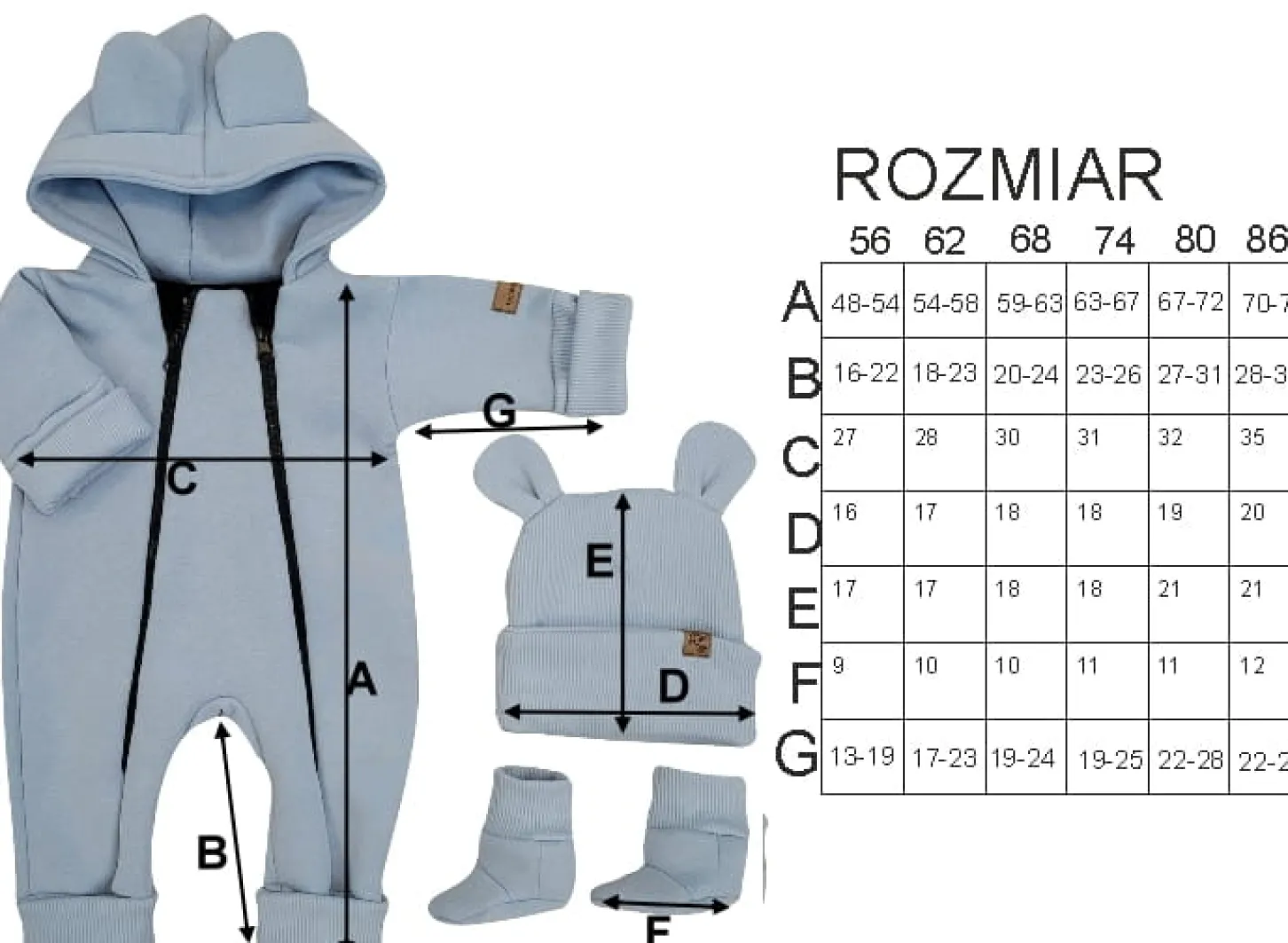 KAZUM Kombinezon z ocieplanej dresówki bez stóp + czapka + buciki 56-86 crystal blue