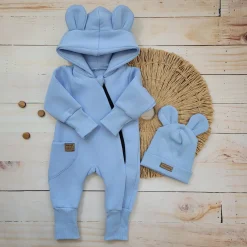 KAZUM Kombinezon z ocieplanej dresówki bez stóp + czapka baby blue 56-86