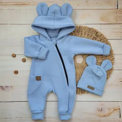 KAZUM Kombinezon z ocieplanej dresówki bez stóp + czapka baby blue 56-86