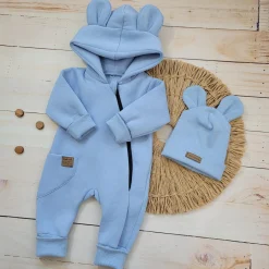 KAZUM Kombinezon z ocieplanej dresówki bez stóp + czapka baby blue 56-86