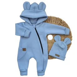KAZUM Kombinezon z ocieplanej dresówki bez stóp + czapka baby blue 56-86