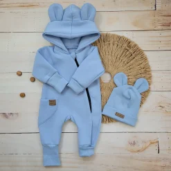 KAZUM Kombinezon z ocieplanej dresówki bez stóp + czapka baby blue 56-86
