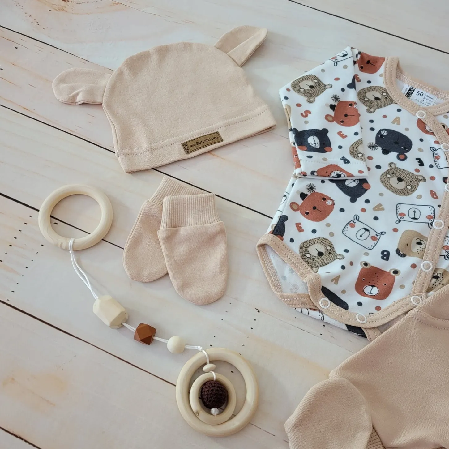 KAZUM Komplet body + półśpiochy + czapka baby sandy brown bear ostatnie sztuki 50, 68