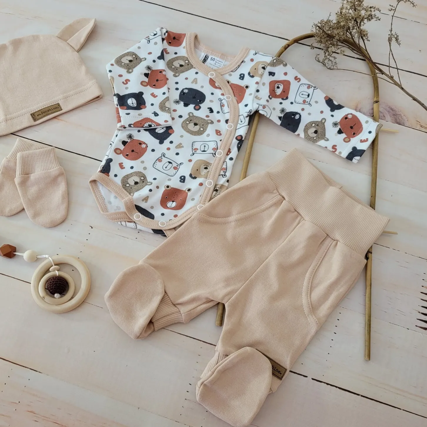 KAZUM Komplet body + półśpiochy + czapka baby sandy brown bear ostatnie sztuki 50, 68