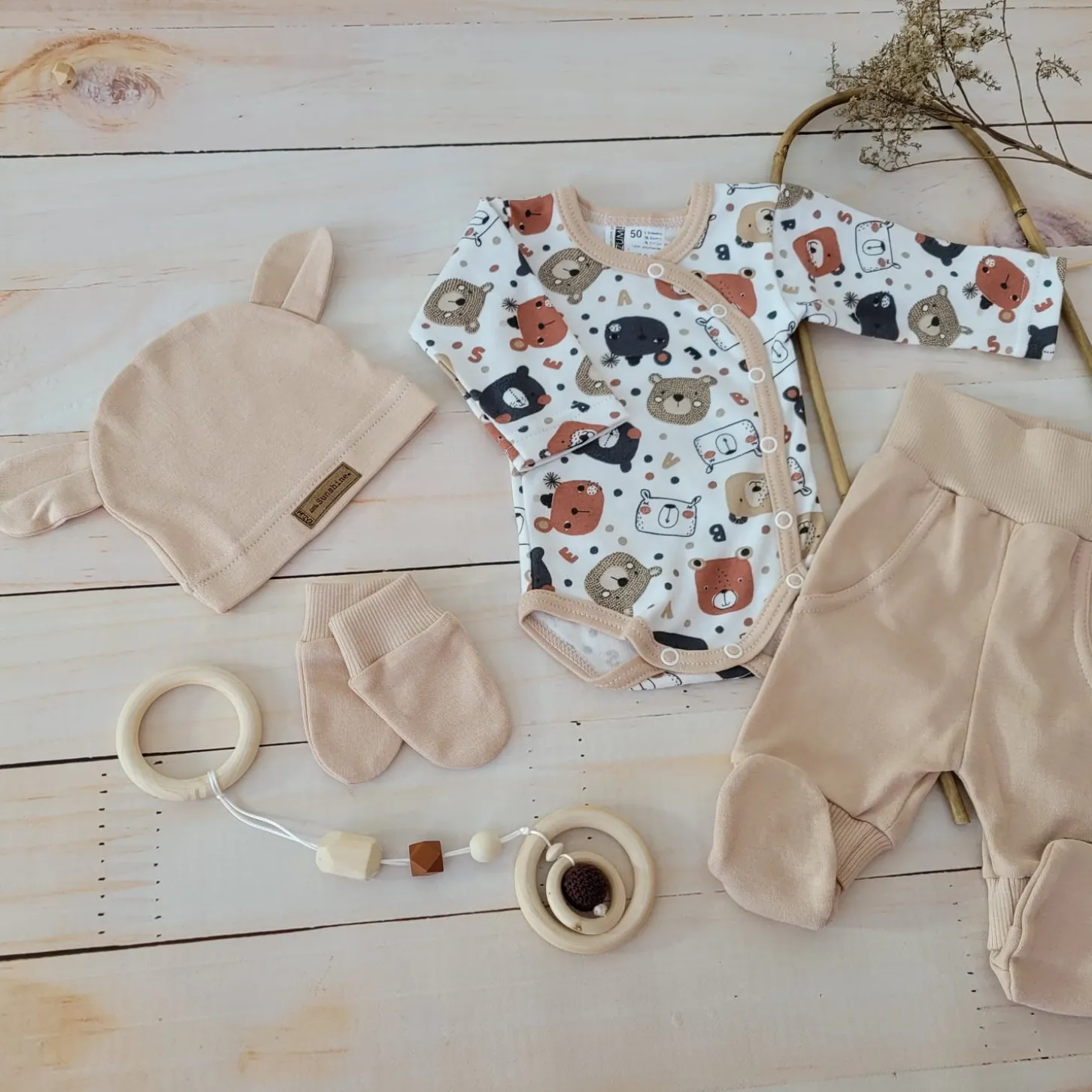 KAZUM Komplet body + półśpiochy + czapka baby sandy brown bear ostatnie sztuki 50, 68
