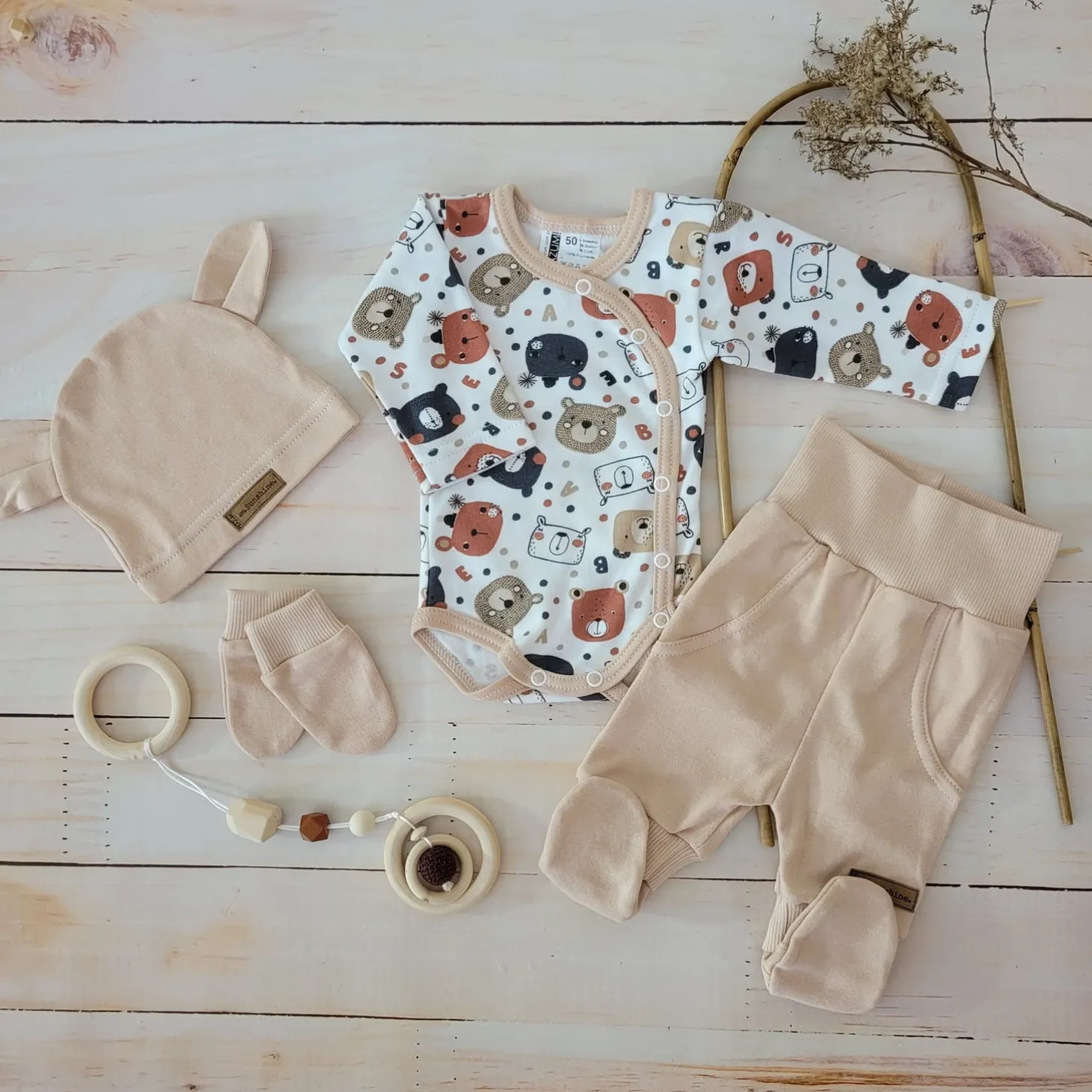 KAZUM Komplet body + półśpiochy + czapka baby sandy brown bear ostatnie sztuki 50, 68