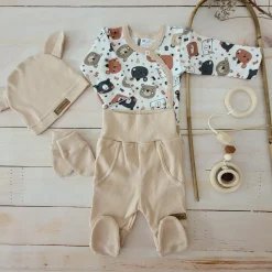 KAZUM Komplet body + półśpiochy + czapka baby sandy brown bear ostatnie sztuki 50, 68