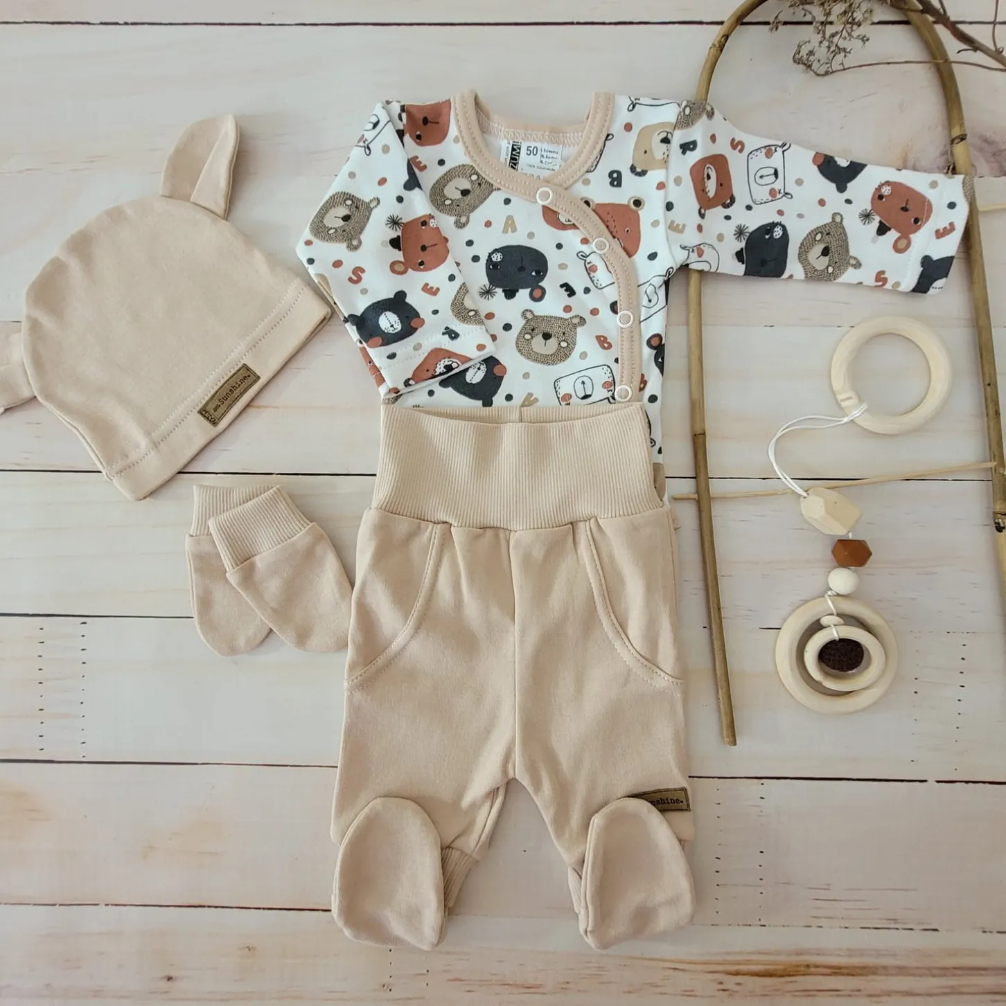 KAZUM Komplet body + półśpiochy + czapka baby sandy brown bear ostatnie sztuki 50, 68