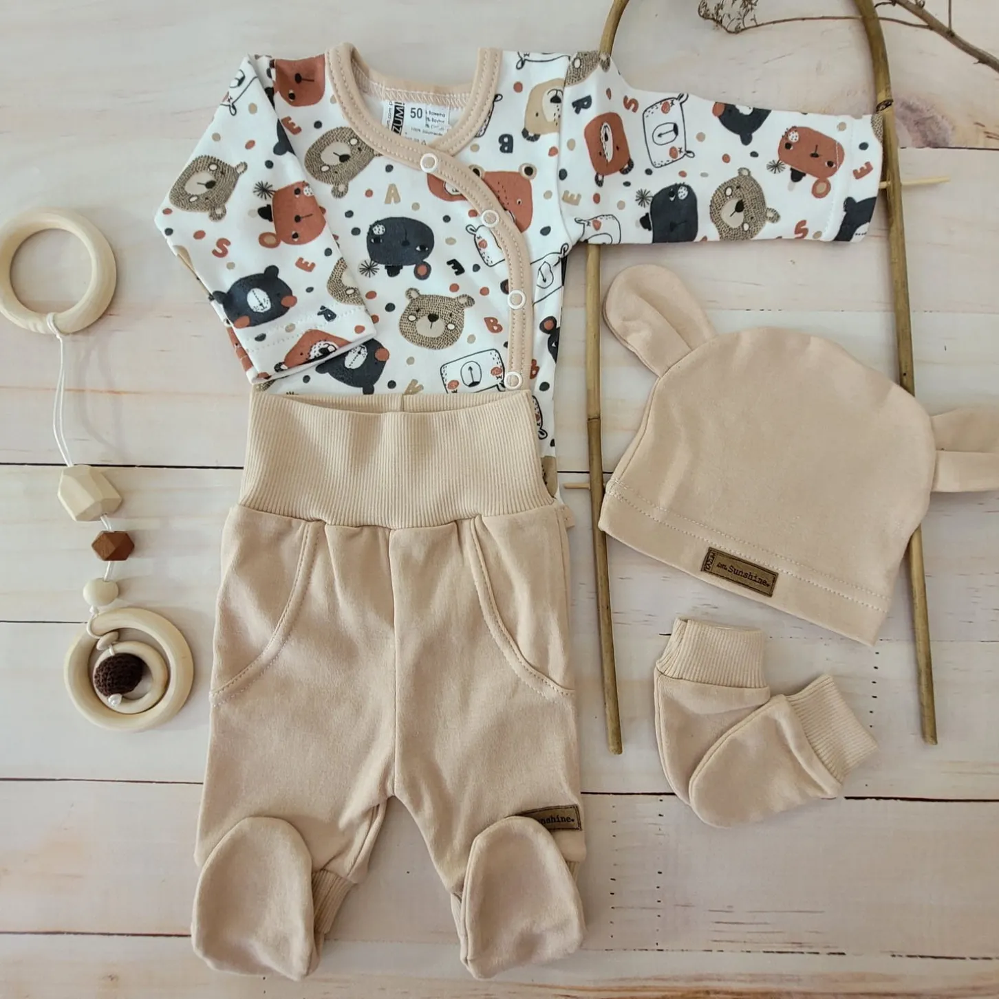 KAZUM Komplet body + półśpiochy + czapka baby sandy brown bear ostatnie sztuki 50, 68