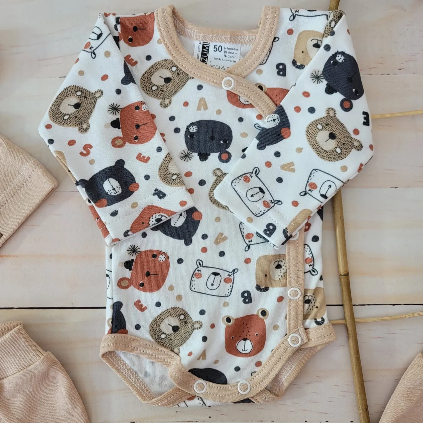 KAZUM Komplet body + półśpiochy + czapka baby sandy brown bear ostatnie sztuki 50, 68