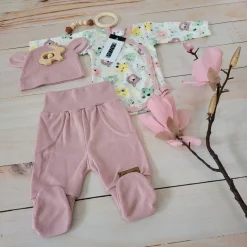 KAZUM Komplet body + półśpiochy + czapka baby pastel pink bear ostatnie sztuki 50, 68