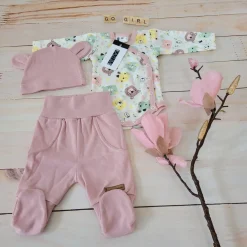 KAZUM Komplet body + półśpiochy + czapka baby pastel pink bear ostatnie sztuki 50, 68