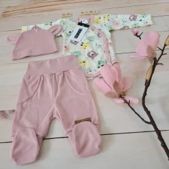 KAZUM Komplet body + półśpiochy + czapka baby pastel pink bear ostatnie sztuki 50, 68