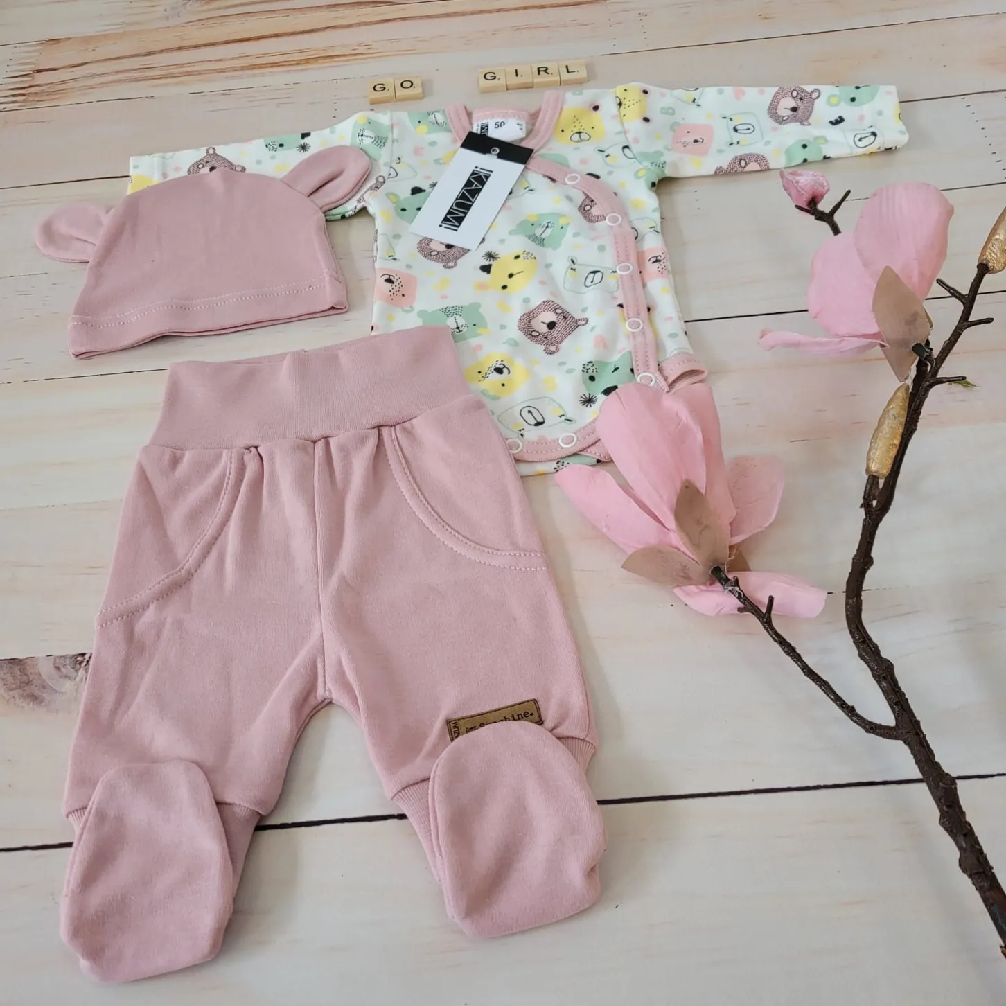 KAZUM Komplet body + półśpiochy + czapka baby pastel pink bear ostatnie sztuki 50, 68