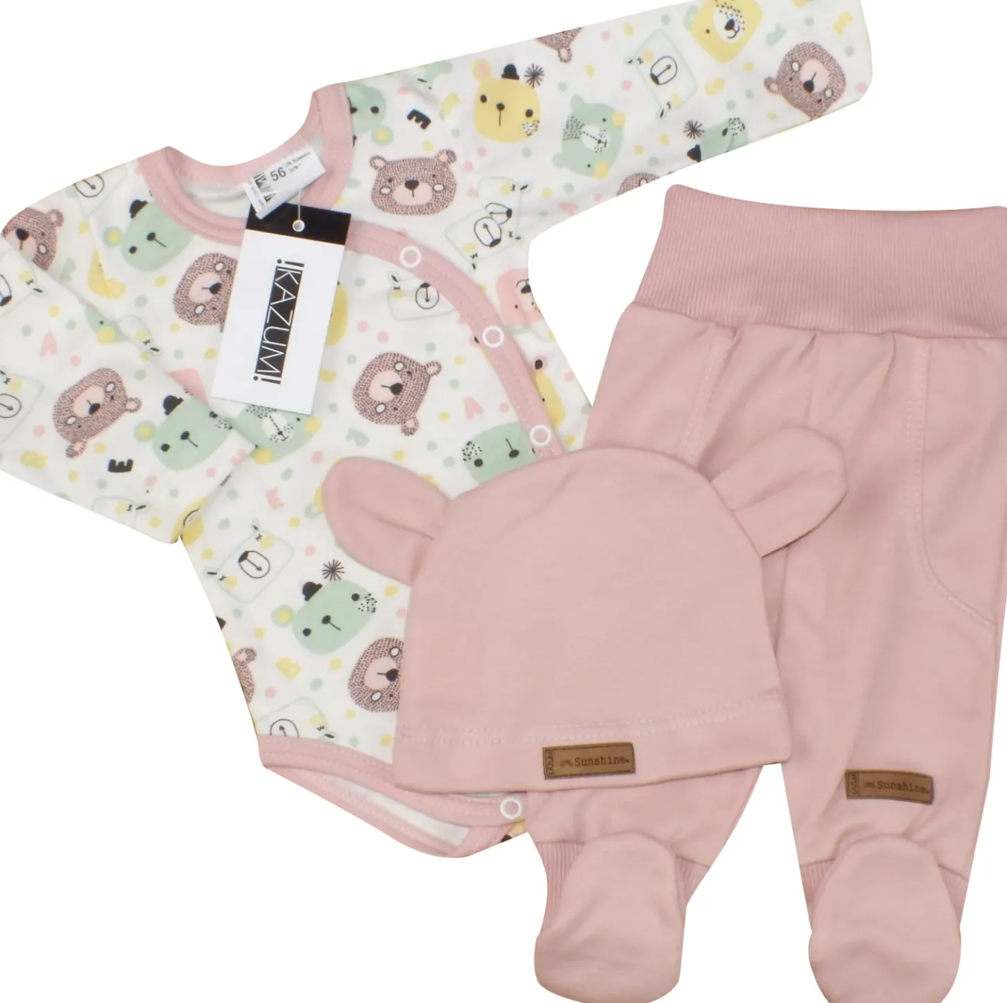 KAZUM Komplet body + półśpiochy + czapka baby pastel pink bear ostatnie sztuki 50, 68