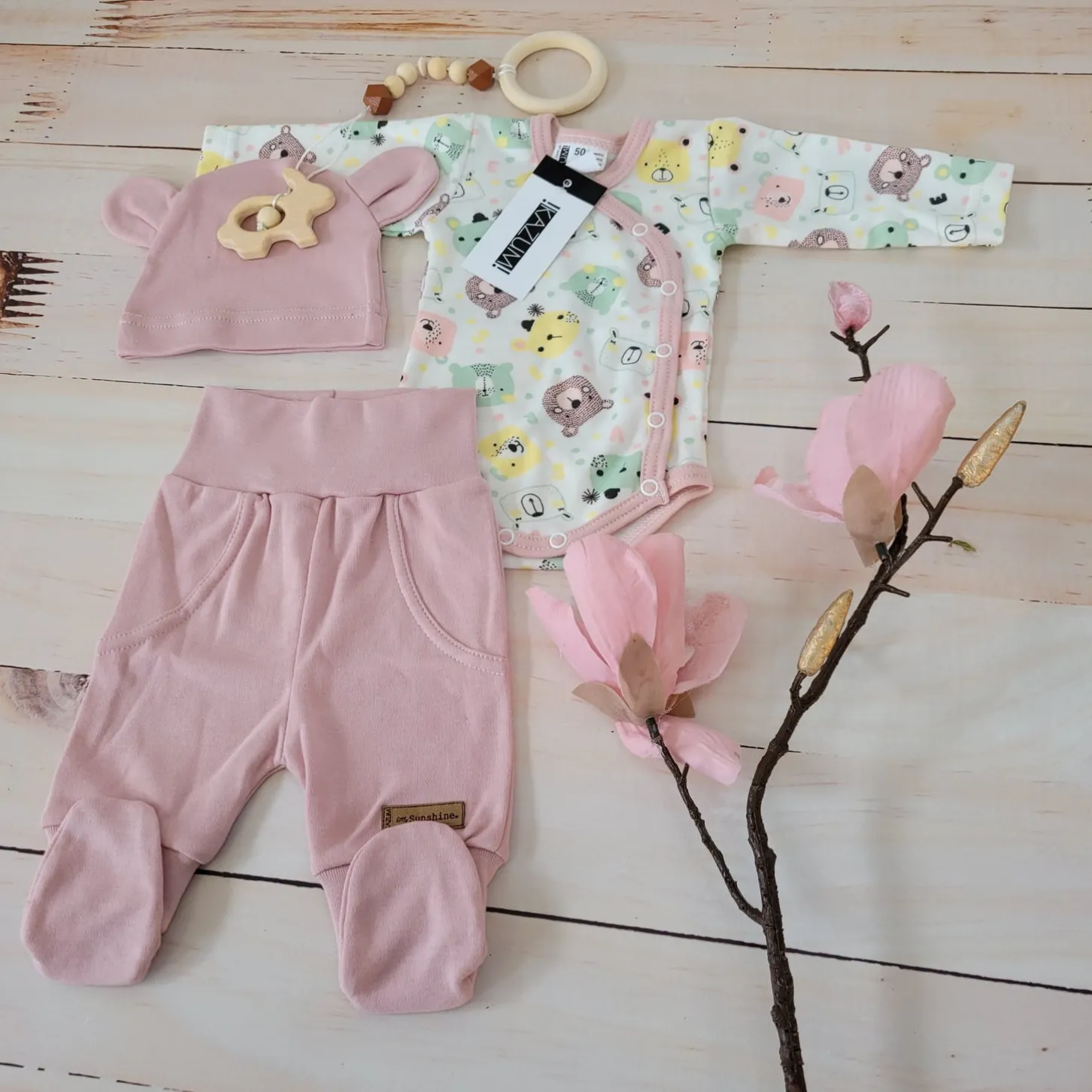 KAZUM Komplet body + półśpiochy + czapka baby pastel pink bear ostatnie sztuki 50, 68