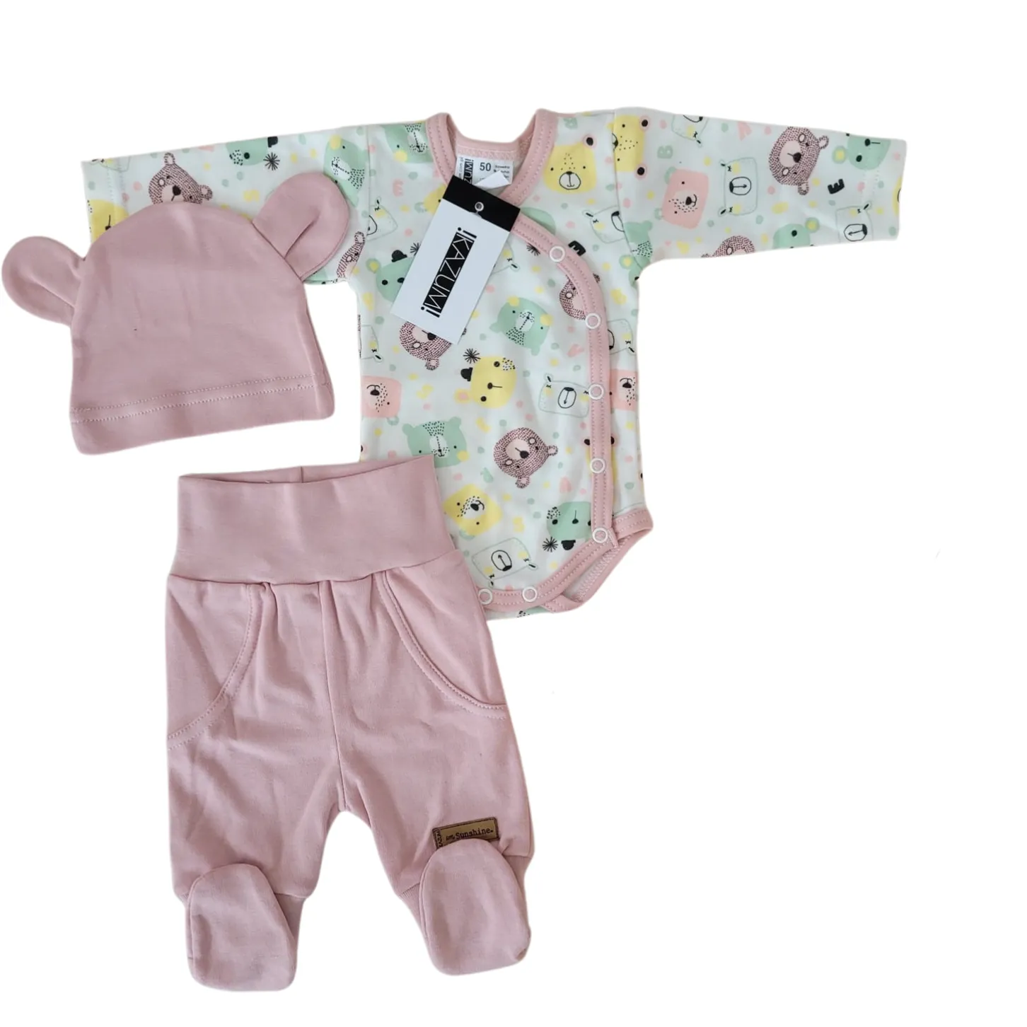 KAZUM Komplet body + półśpiochy + czapka baby pastel pink bear ostatnie sztuki 50, 68