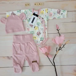 KAZUM Komplet body + półśpiochy + czapka baby pastel pink bear ostatnie sztuki 50, 68